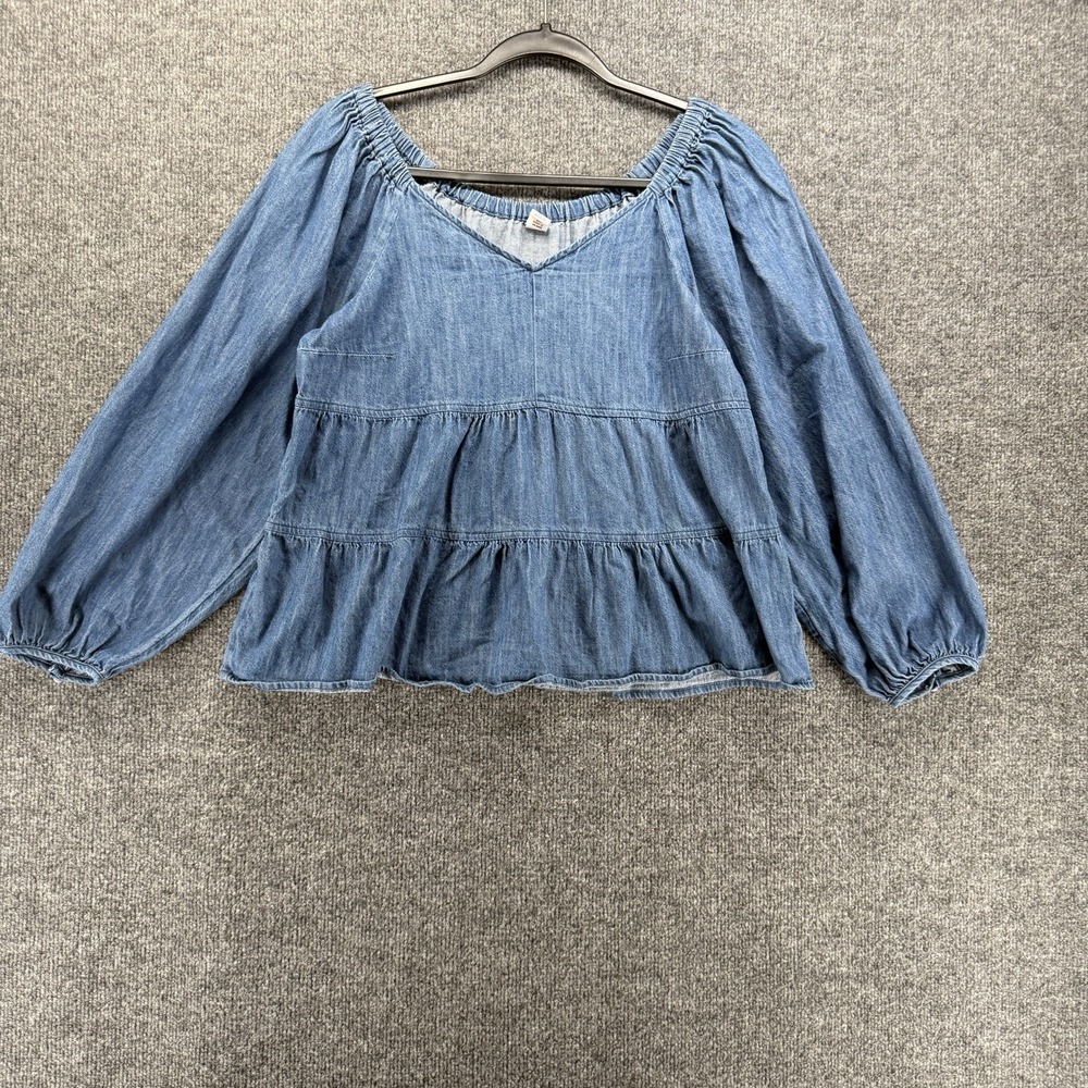 Old Navy Top Womens S Blue Denim Tiered V-Neck Crop Long Sleeve Western Boho